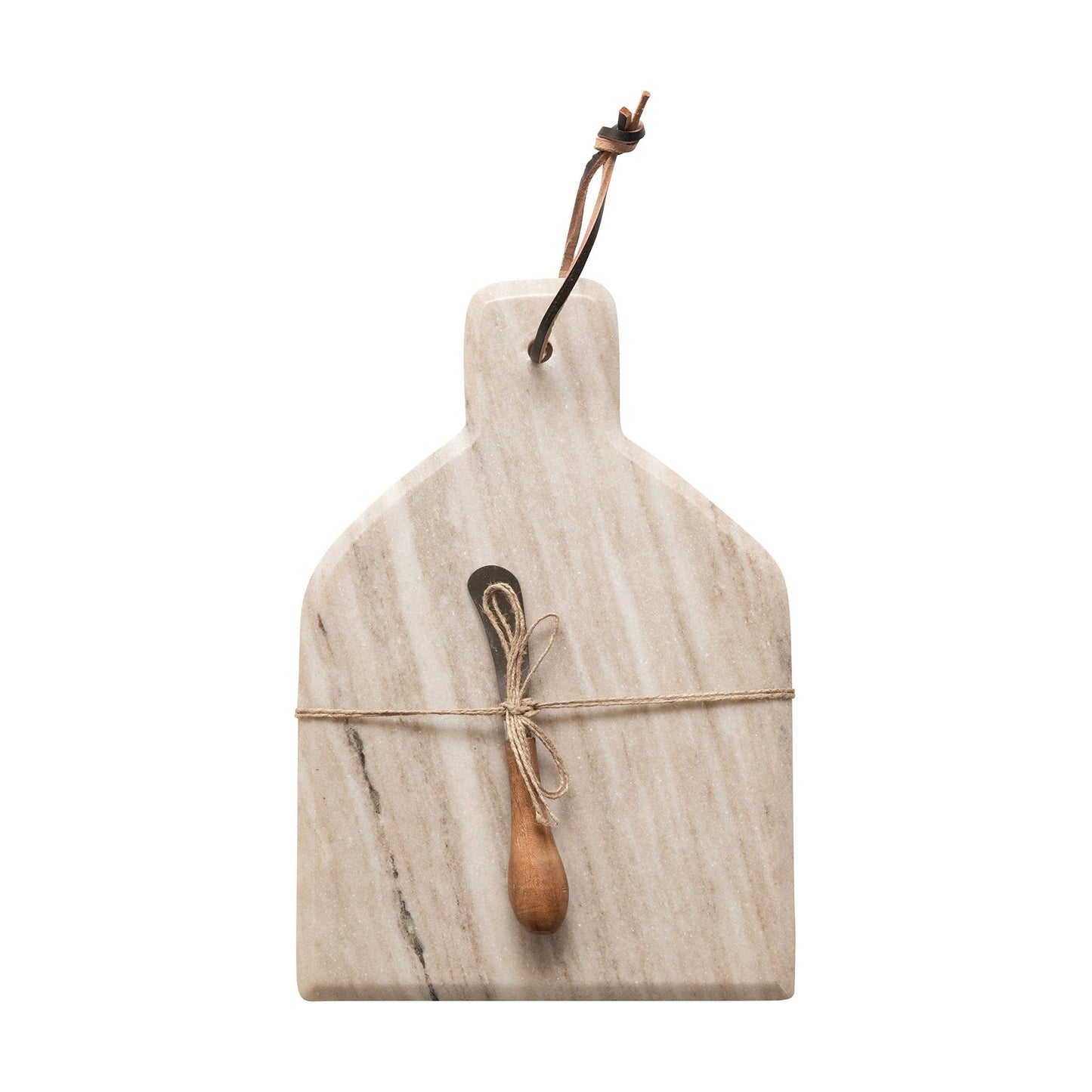 Creative Co-Op Marble Cheese and Cutting Board with Handle, Leather Tie and Canape Knife, Buff, Set of 2