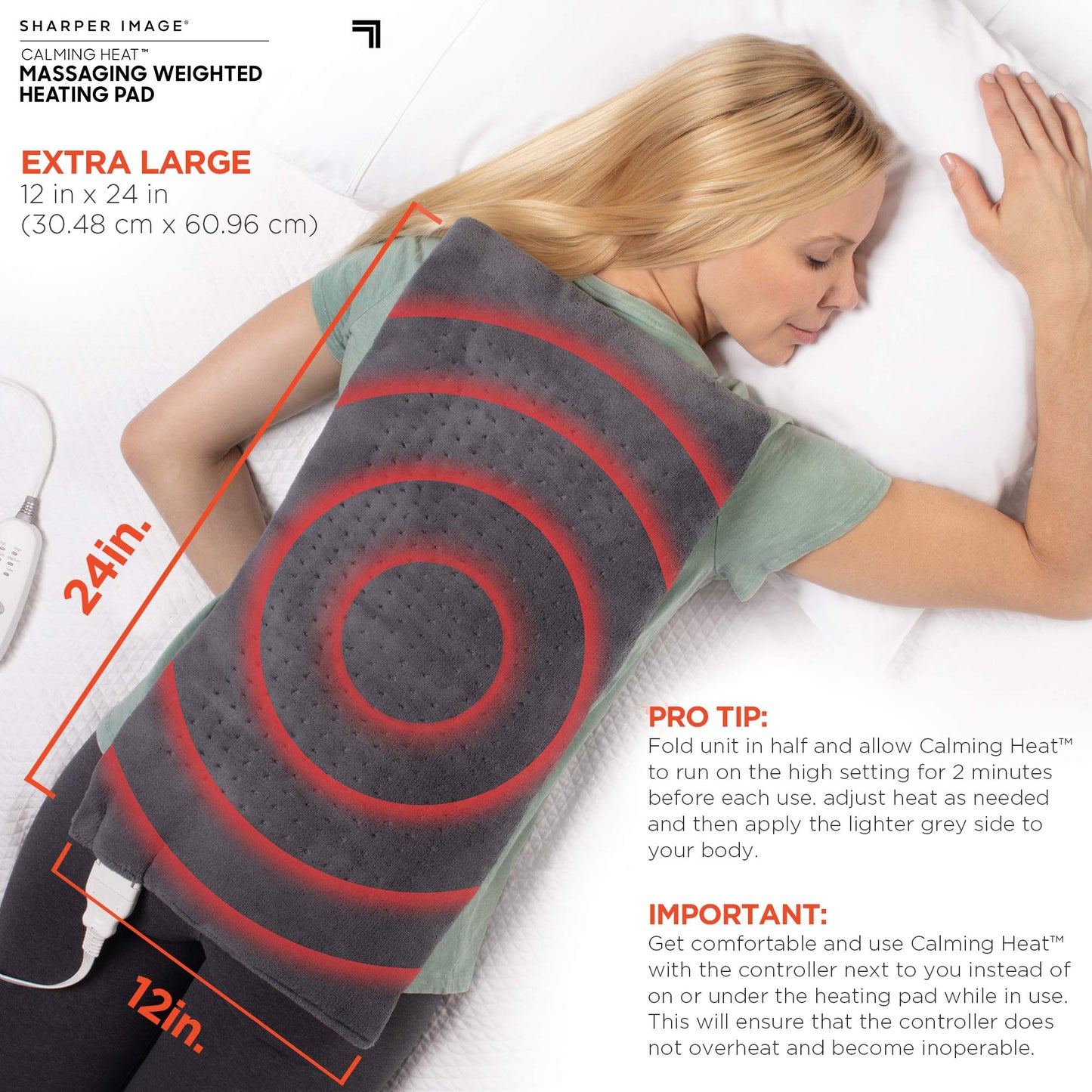 Calming Heat Massaging Weighted Heating Pad by Sharper Image- Electric Heating Pad with Massaging Vibrations, Auto-Off,12 Settings- 3 Heat, 9 Massage- 27 Relaxing Combinations, 12” x 24”, 4lbs
