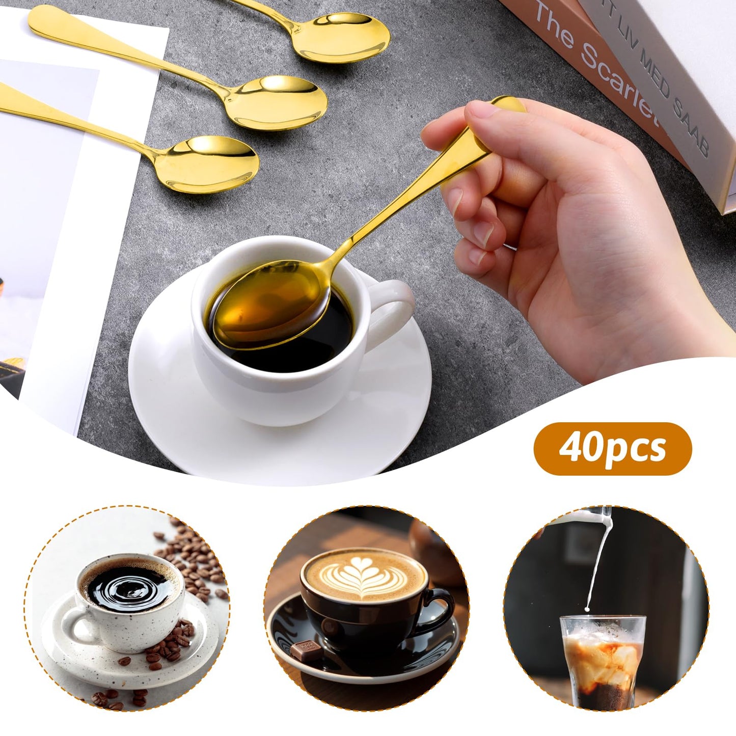 40 Pcs Gold Spoons for Coffee Demitasse Espresso Mini Stainless Steel Gold Dinner Flatware Dessert Coffee Tea Sugar Spoons Teaspoons for Restaurant Hotel Wedding Home Party Latte Stirring Spoon