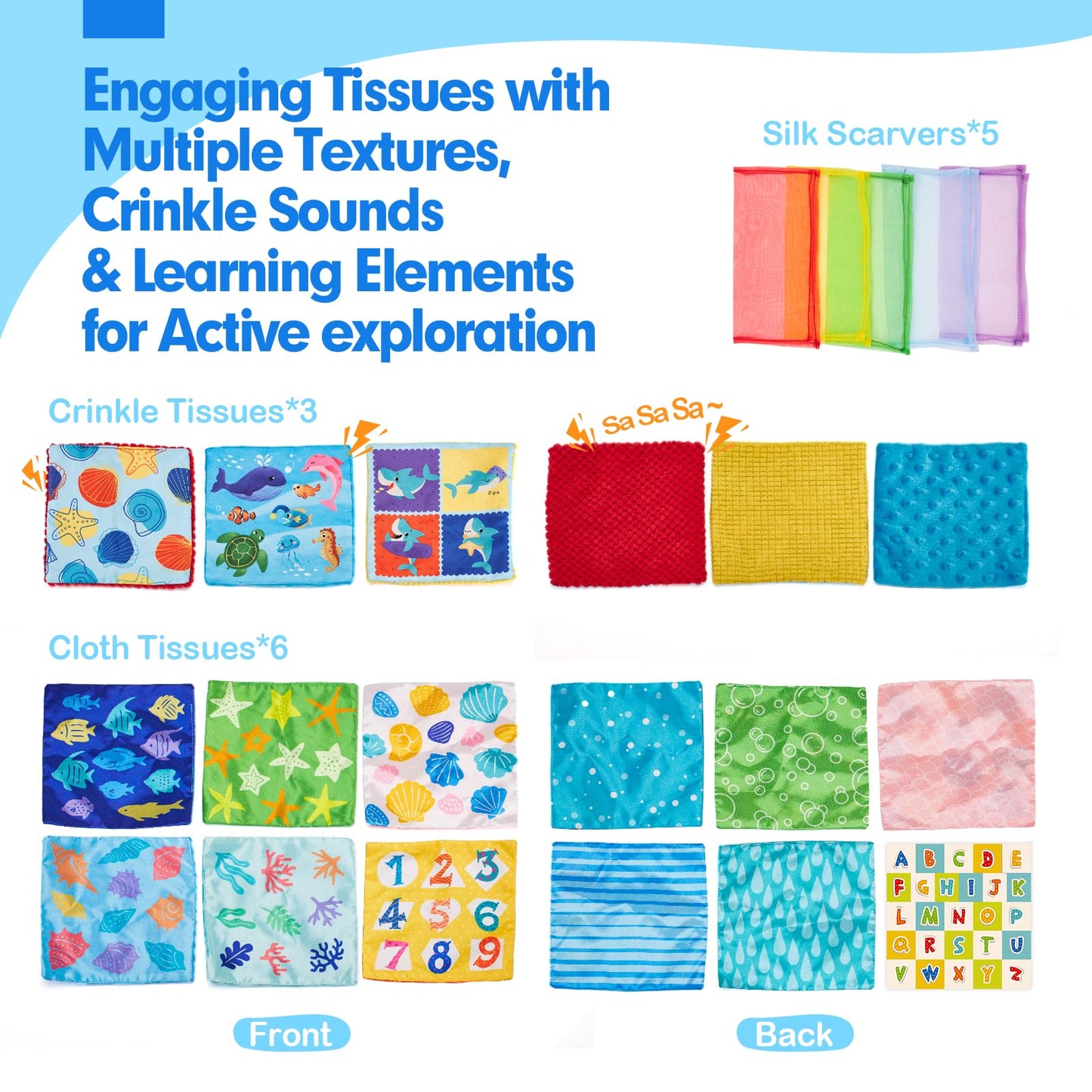 hahaland Baby Tissue Box Toy - Baby Toys 6-12 Months Montessori Toys for 6 Month Old with Textured Tails, Cloth Tissues, Crinkle, Squeaky Sounds, Mirror - Gifts Play Silks Sensoy Scarves for Babies