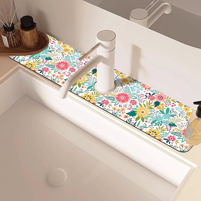 Colorful Floral Leaves Berries Kitchen Sink Splash Guard Mat Absorbent Fast