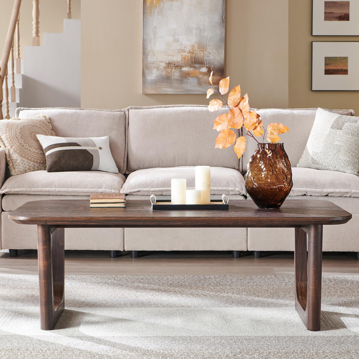 ACCOHOHO Mid Century Modern Coffee Table for Living Room,51.2" Large Rectangle Wood Coffee Table with U-Shaped Legs & Sturdy Base Design,Center Table for Office,Apartment,Light Brown