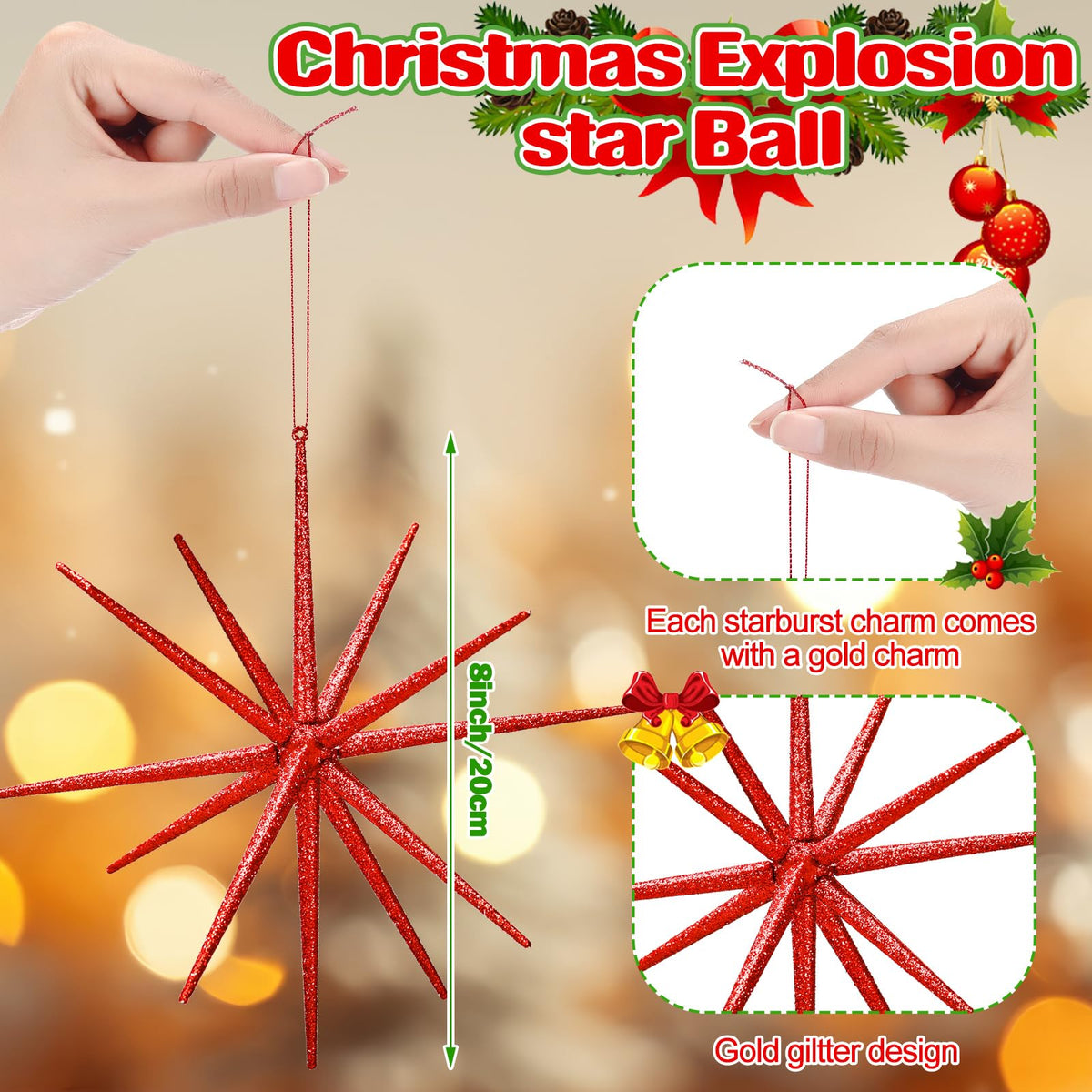 Syhood 6 Pcs Glitter Starburst Star New Year Ornaments 8 Inch Exploding Glitter Starburst Bethlehem Star Hanging Tree Ornaments Tabletop 3D Decor New Year Holiday Party(Red,Classic)