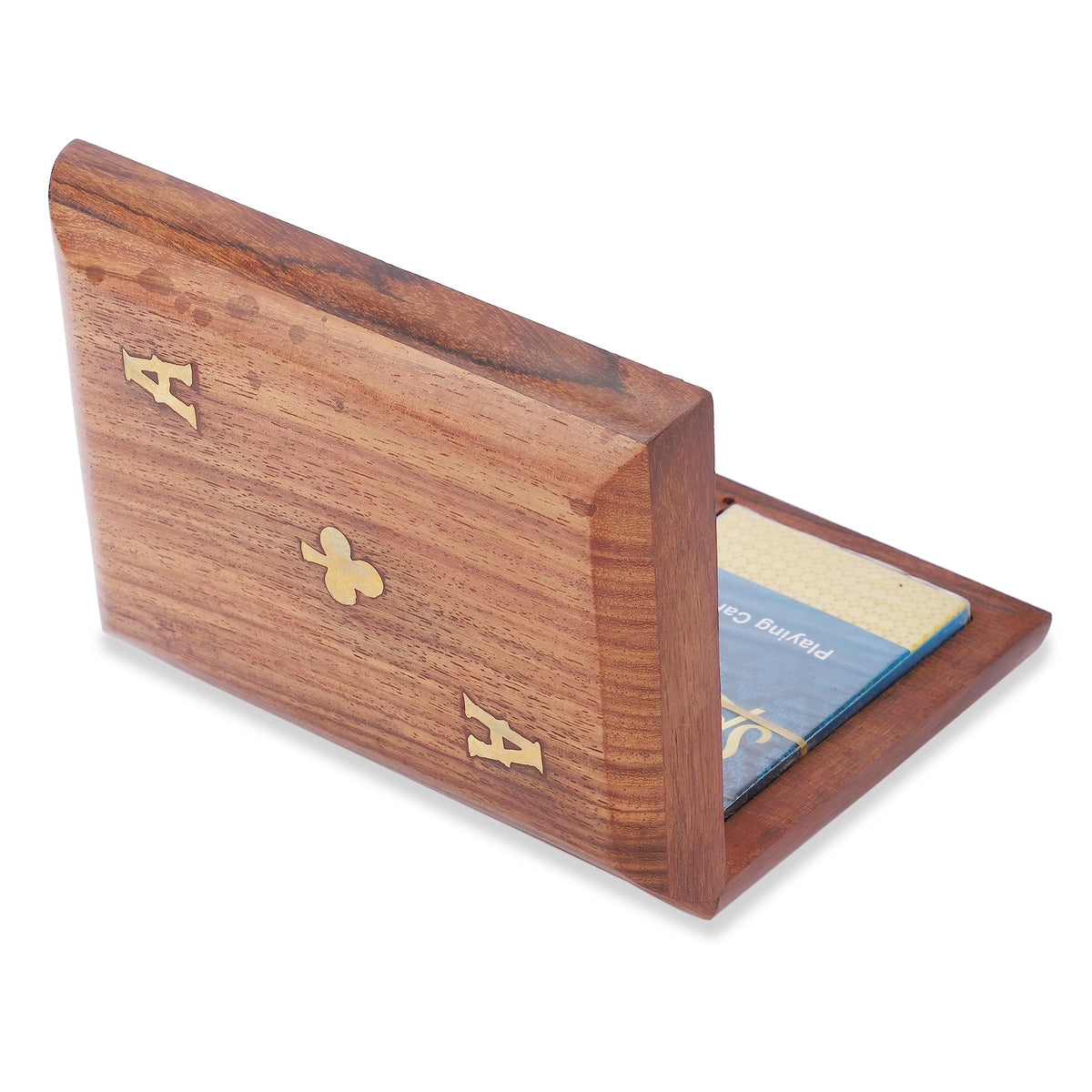 Ajuny Handcrafted Wooden Double Deck Playing Card Box Holder Decorative Storage Case Organizer With 2 Set of Playing Cards Anniversary Housewarming Gifts (15x12 cm)