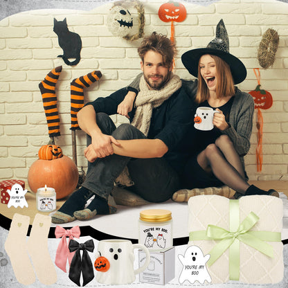 Mimorou Halloween Boo Basket Gifts for Adults Women Halloween Basket Stuffer with Ghost Mug Knitted Tassel Blanket Boo Scented Candle Gifts for Friends Women Family