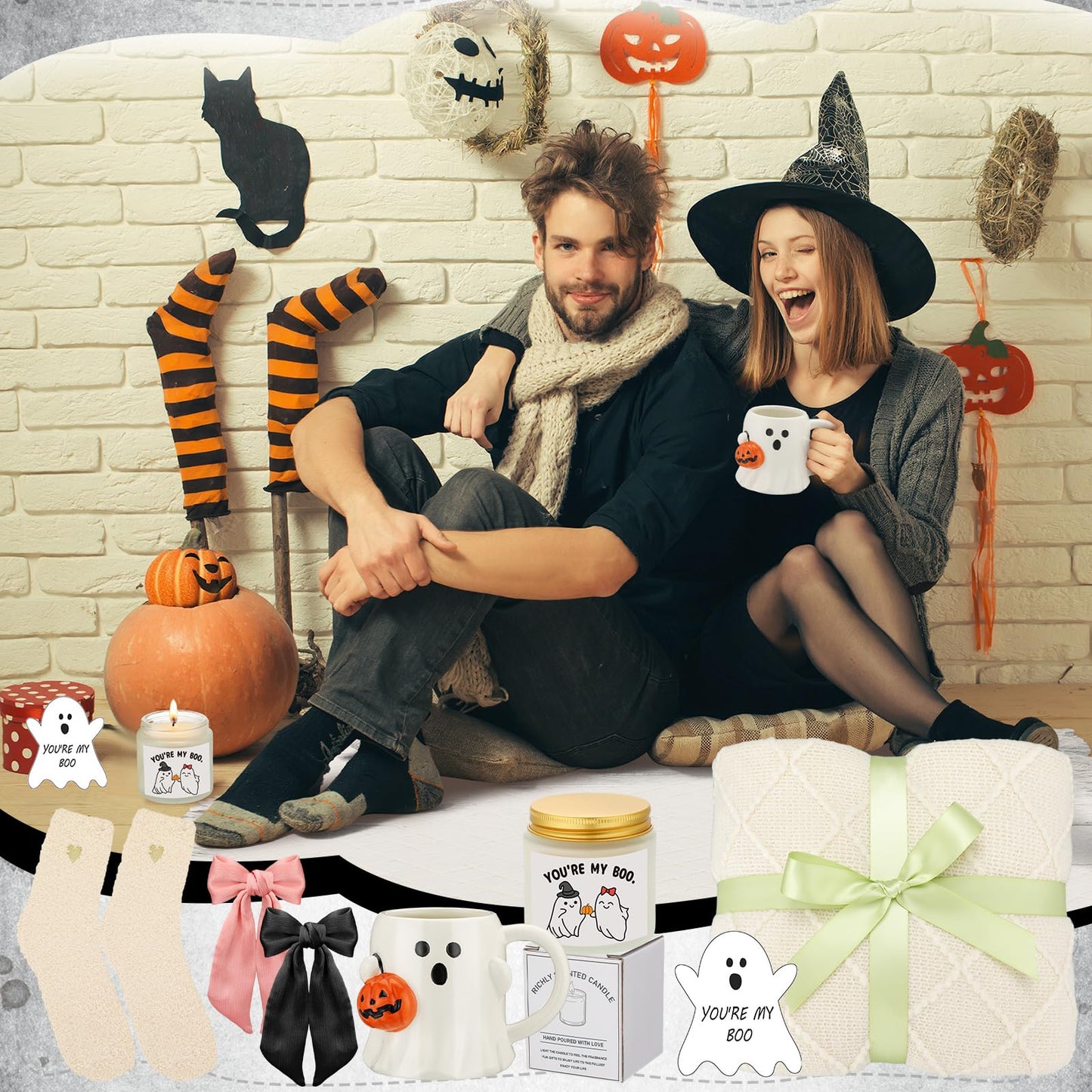 Mimorou Halloween Boo Basket Gifts for Adults Women Halloween Basket Stuffer with Ghost Mug Knitted Tassel Blanket Boo Scented Candle Gifts for Friends Women Family