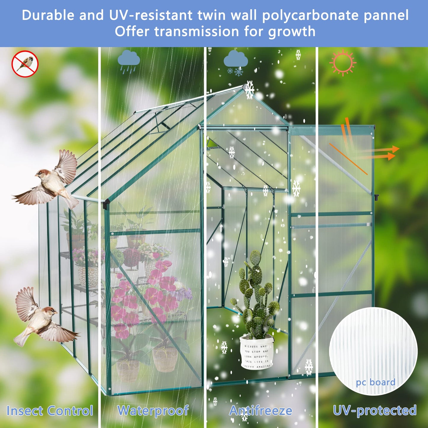 KEIKI 6x10 FT Polycarbonate Greenhouse with Aluminum Frame,Raised Base and Roof Vent,Walk-in Greenhouses for Patio Garden Backyard
