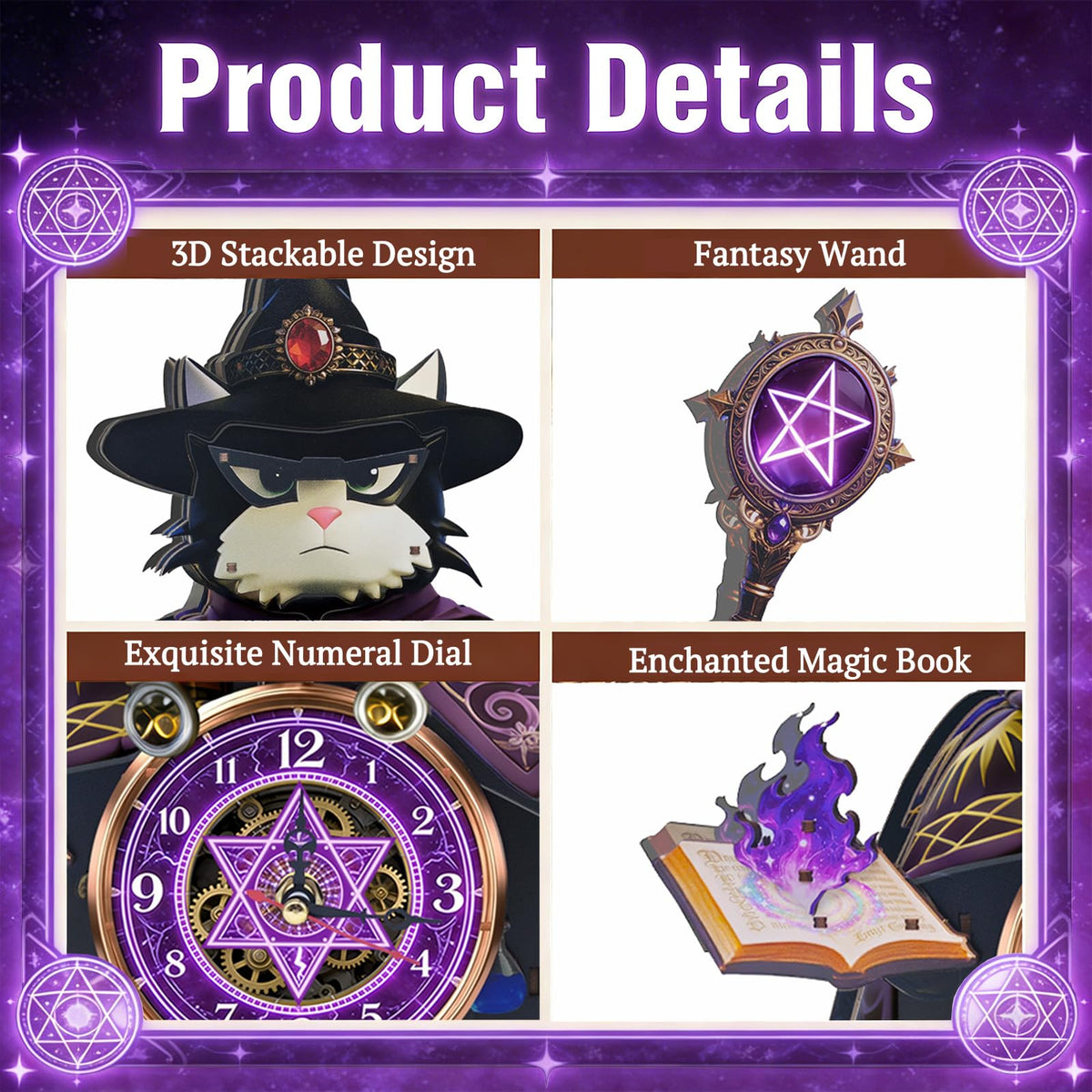 3D Wooden Puzzle Clock for Adults and Kids,Magic Cat Legend Wizard Cat 3D Stackable Design, 3D Puzzles for Adults Kids Room Home Decor, Unique Gift for DIY Enthusiasts & Fantasy Lovers