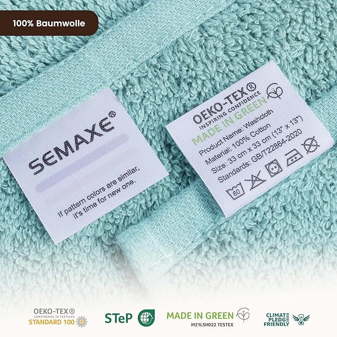 SEMAXE 100% Cotton Washcloths 12-Pack, 13 × 13 Inch Soft Luxury Face Towels –