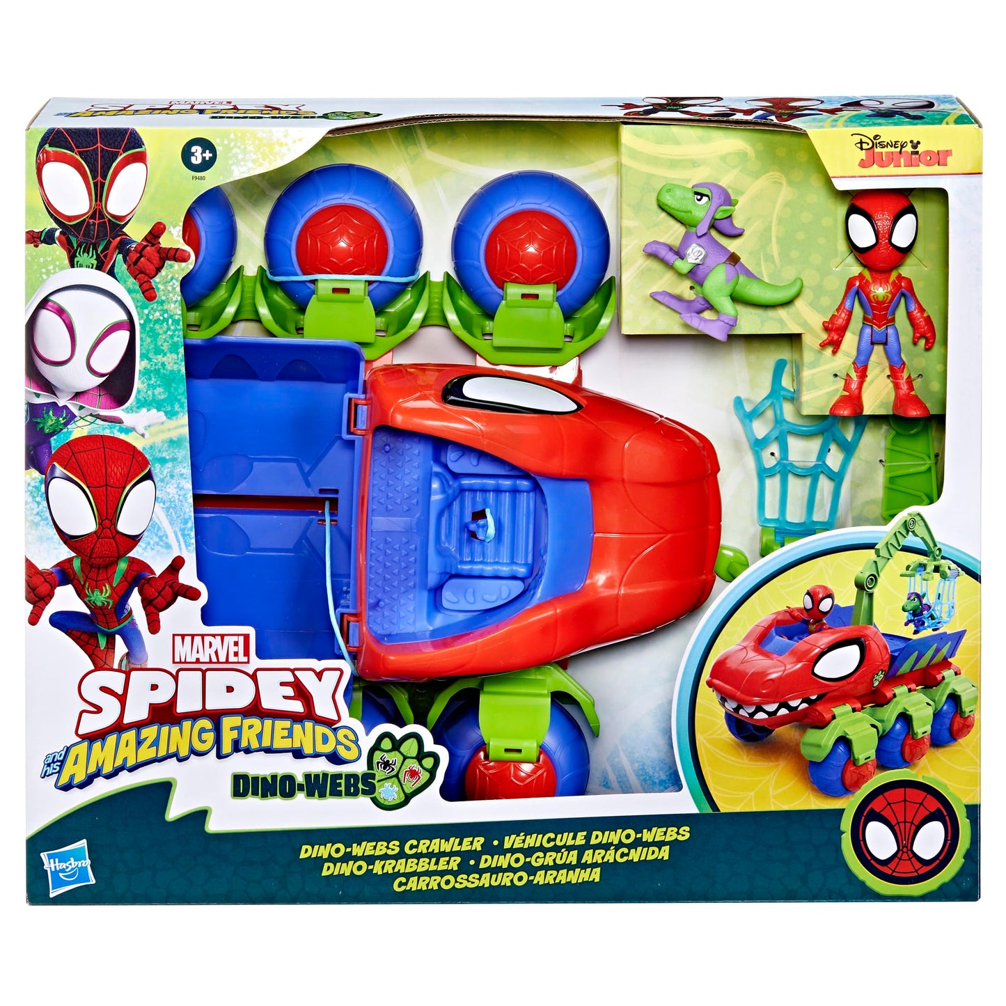 Spidey and his Amazing Friends Marvel Dino-Webs Crawler Toy Car Playset, Spider-Man & Goblin Raptor 4-Inch Action Figures, Kids Ages 3 & Up
