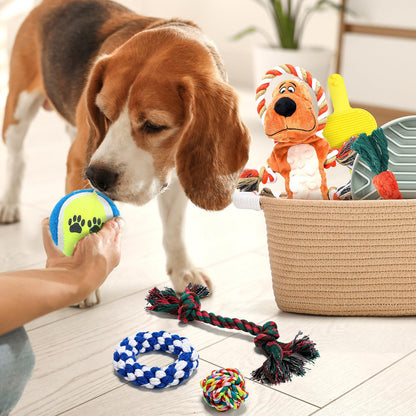 Abbylike New Puppy Gift Basket Puppy Starter Kit Dog Gift Storage Basket with Dog Toys Set Chew Toys Teething Interactive Squeaky Plush for Doggie Birthday Gifts and Pet Necessities