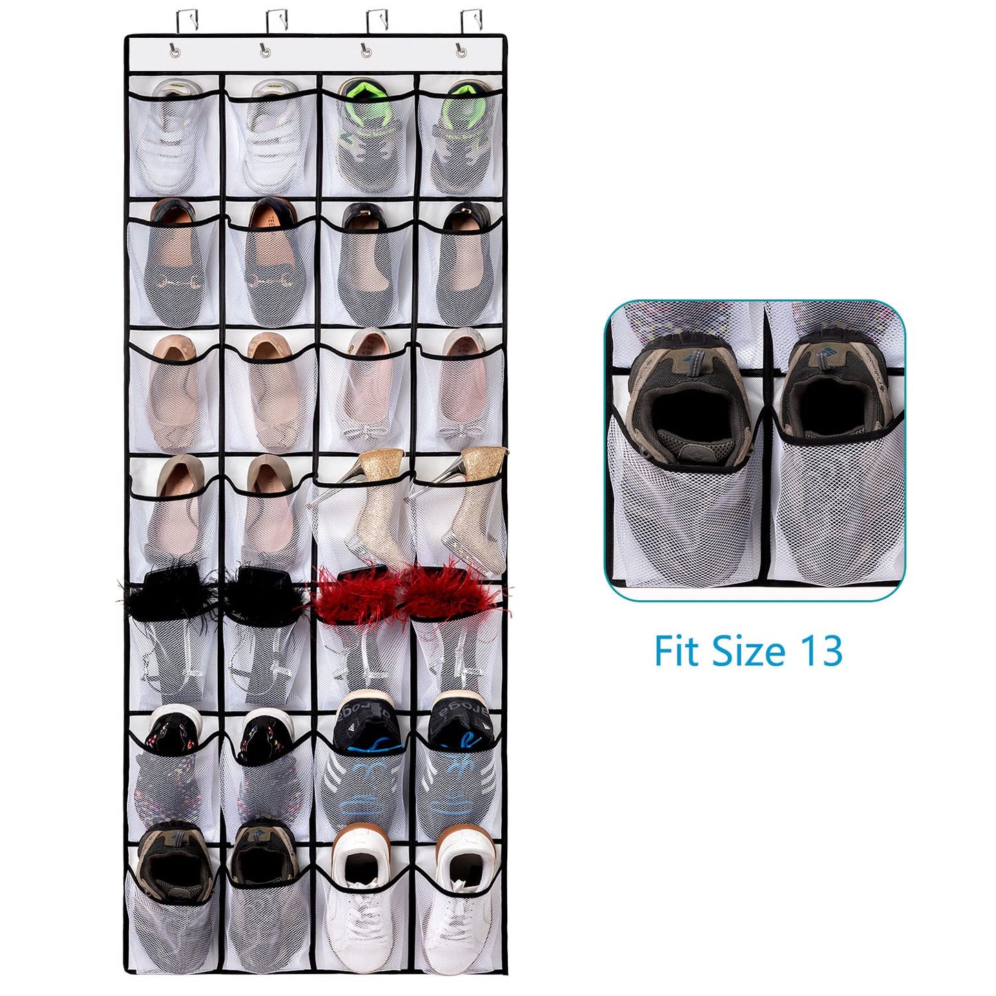 REGELETO 28 Large Pocket Over the Door Shoe Organzier, Hanging Shoe Rack for Door Large Capacity Shoe Organizer Holder with 4 Metal Hooks.