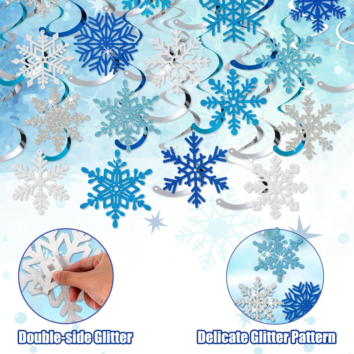 Winter Snowflake Hanging Swirl Decorations, 30Pcs Christmas Glitter Snowflakes Hanging Swirls Ornaments Ceiling Streamers for Xmas Winter Wonderland Frozen New Year Wedding Baby Shower Party Supplies