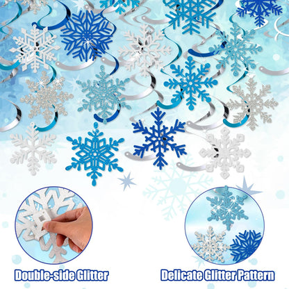 Winter Snowflake Hanging Swirl Decorations, 30Pcs Christmas Glitter Snowflakes Hanging Swirls Ornaments Ceiling Streamers for Xmas Winter Wonderland Frozen New Year Wedding Baby Shower Party Supplies