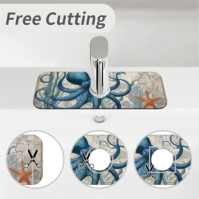 Kitchen Sink Splash Guard，Blue-octopus Faucet Mat Sink Gadgets-Super Absorbent