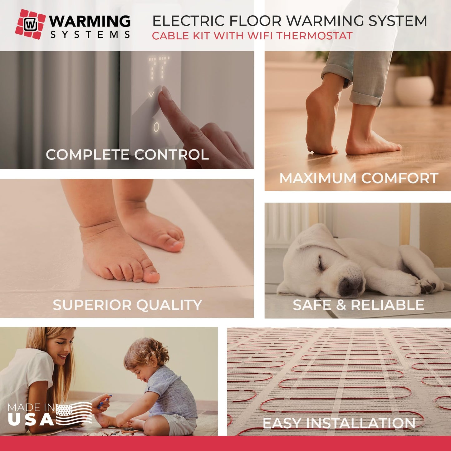 Warming Systems - 25 Sqft Electric Radiant Floor Heating Cable Kit – 120V Heated Tile Floor System with UWG5 Programmable Thermostat, Sensor, Installation Monitor & 25 Year Warranty, Made in the USA