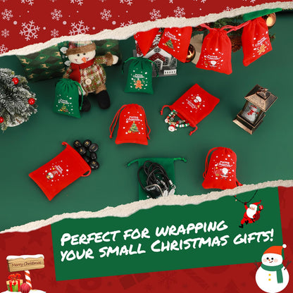 Tapleap Christmas Bags with Drawstring - 10Pcs 3x4 Red and Green Velvet Cloth for Wrapping Dice, Jewelry, Party Favors or Gifts for Friends, Children, Customers