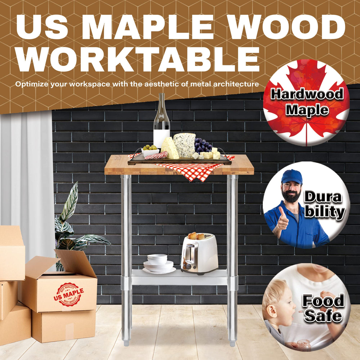 DuraSteel US Maple Top Work Table - 30 x 12 x 35 Inch Commercial Butcher Block Wooden Workbench with Adjustable Lower Shelf - Fits Restaurant, Warehouse, Home, Kitchen, Garage