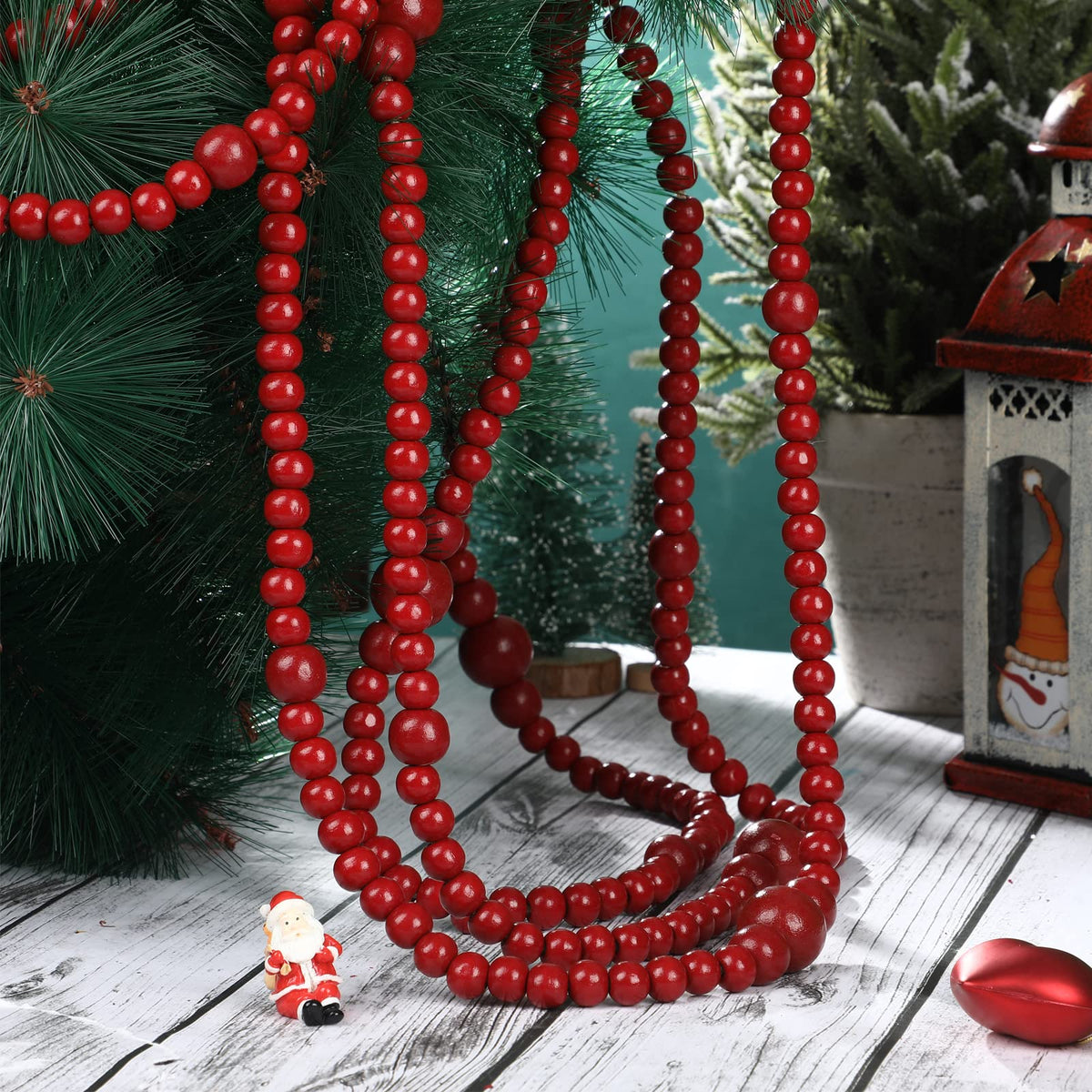 12 Feet Summer Christmas Wooden Beads Garland Round Craft Farmhouse Vintage Christmas in July Wood Bead Garlands for Xmas Supplies(Dark Red)
