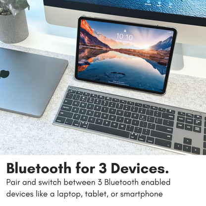 Macally Wireless Bluetooth Keyboard for Mac - Compatible Apple Keyboard or MacBook Pro/Air, iMac - Multi-Device, Up to 3 Devices with 110 Keys, 20 Shortcuts, Numeric Keypad, and Rechargeable - Silver
