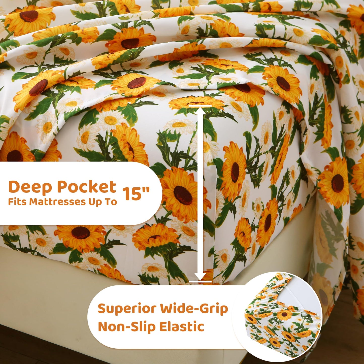 Mooreeke Cozy Vintage Microfiber Printed Floral Twin Sheet Set - Soft & Breathable Yellow Sunflower Bed Sheets with Extra Deep Pocket - Non-Slip Fitted Design - Sunflower Pattern - Twin
