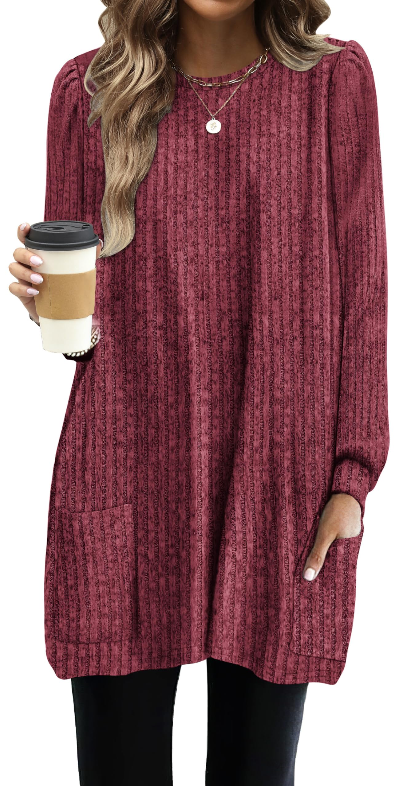 OFEEFAN Long Sleeve Shirts for Women Long Sweaters with Pockets Tunic Tops Loose Fit