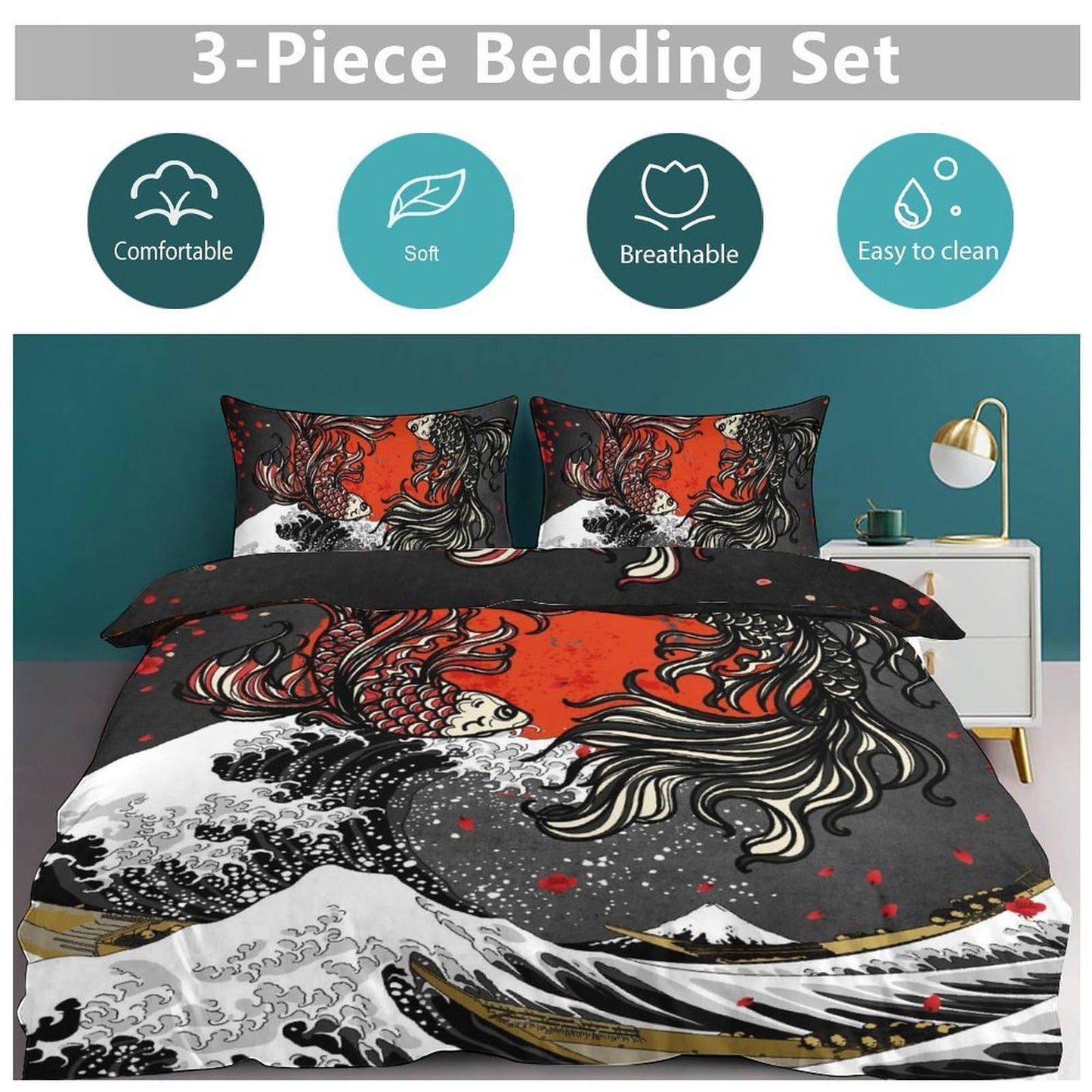 Lnepty Koi Fish Bedding Set,Japanese Gold Great Wave Cherry Blossom Asian Ink Painting Oriental Koi Theme Comforter Set with Pillowcase for Bedroom Bed Decor,Twin 86"x70"
