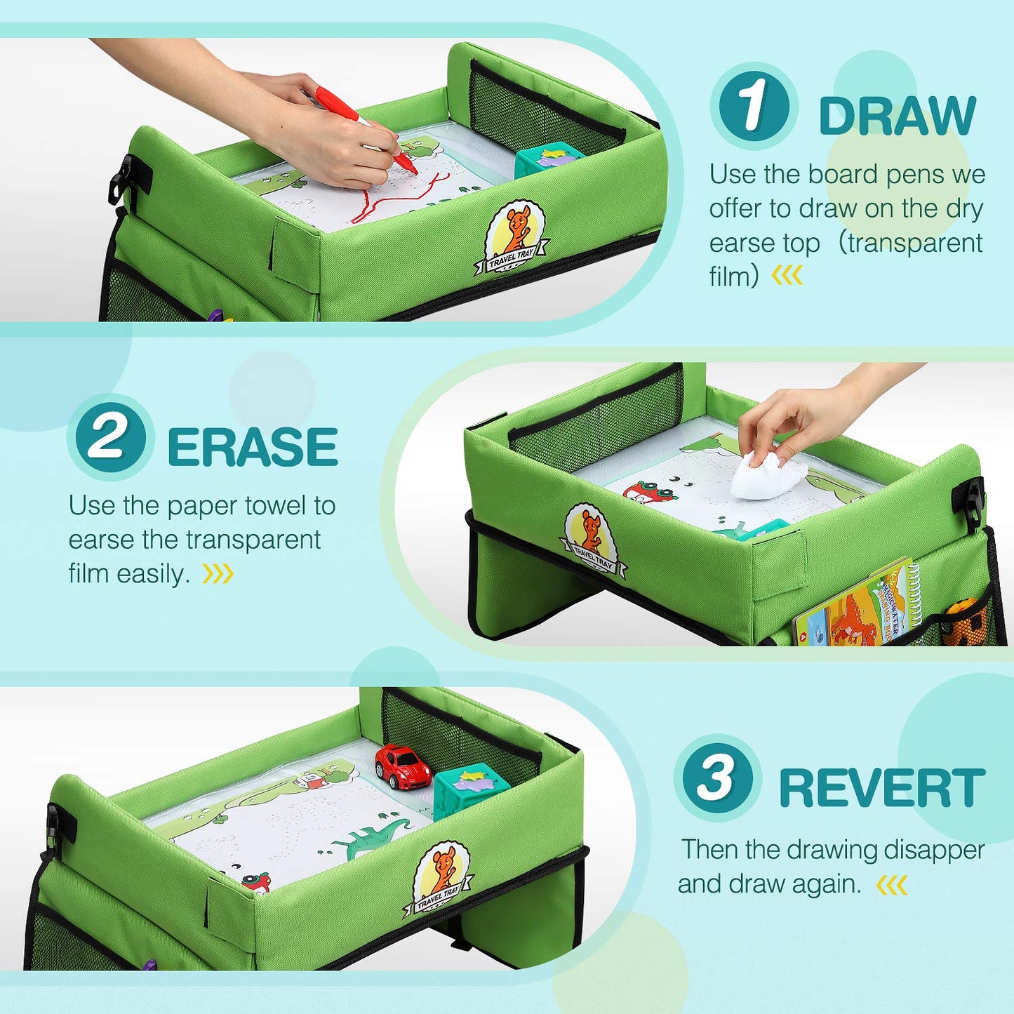 lenbest Kids Travel Tray - Travel Tray for Kids in Car - Car Seat Tray for Kids Travel - Multifunctional Tray with Transparent Erasable Surface & Large Storage Space - Travel Games for Kids