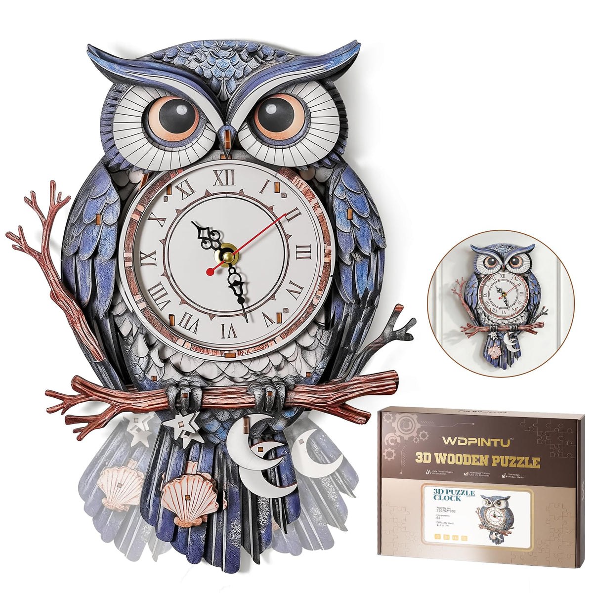 WDPINTU 3D Wooden Puzzle Clock - Owl with Moon & Stars Design, DIY Mechanical Pendulum Wall Clock, Unique Night Theme Decor Gift for Adults & Teens