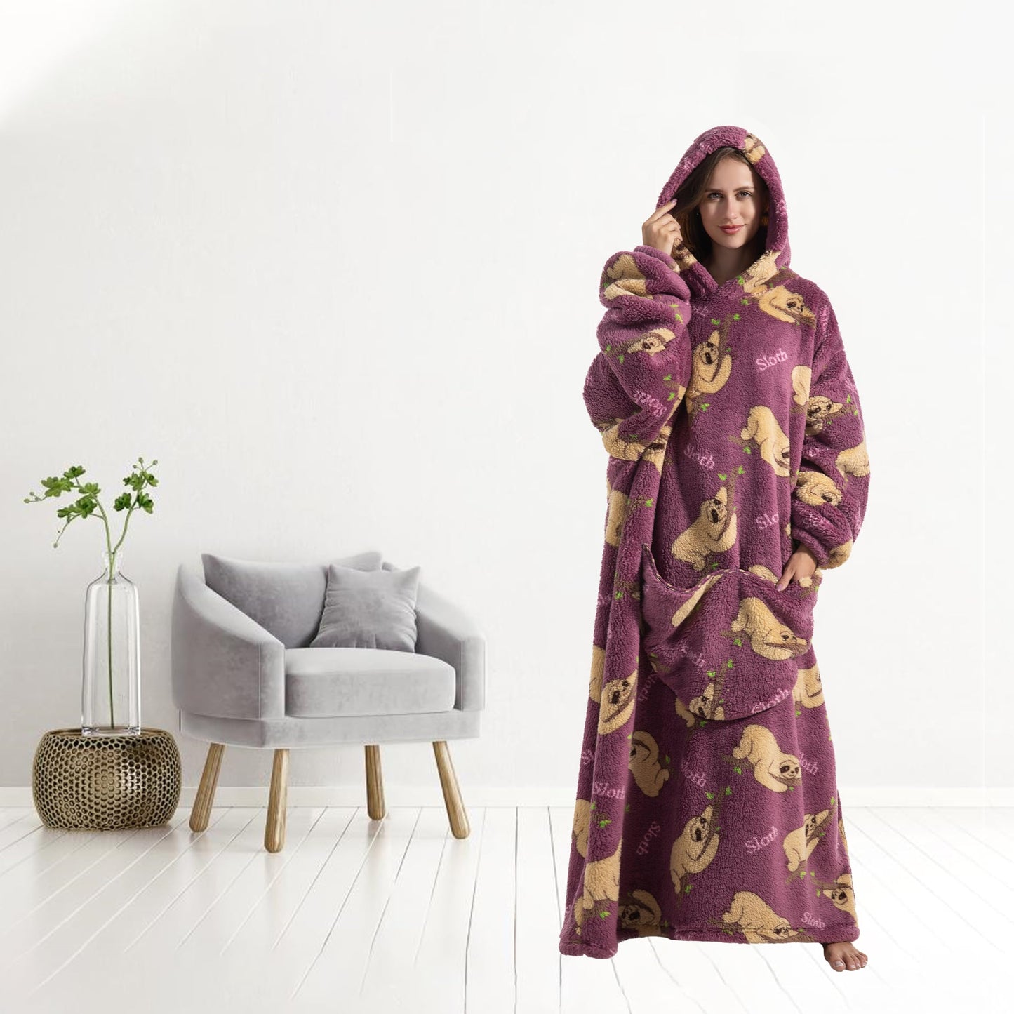 Capecage Blanket Hoodie, Long Hooded Blanket Sweatshirt as Birthday Gifts for Women Men, Long Wearable Blanket for Men Women.(Sloth)