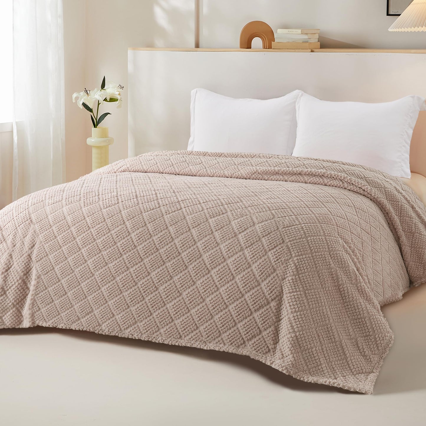 Whale Flotilla Fuzzy Fleece Queen Size Blanket for Bed, Soft Fluffy Jacquard Waffle Blankets for All Season, Lightweight and Cozy, 90x90 Inch, Camel