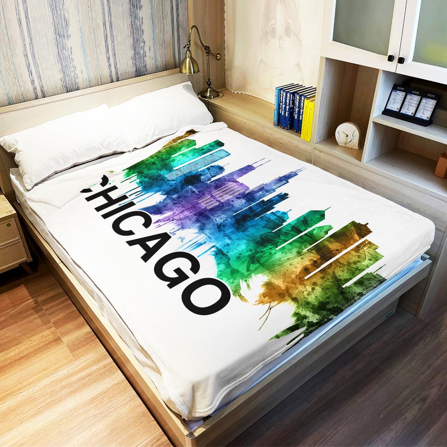 HommomH Watercolor Chicago Skyline Blanket, Soft Cozy Lightweight Fleece Throw Blankets for Couch Sofa Bed, 60 x 80 Inches