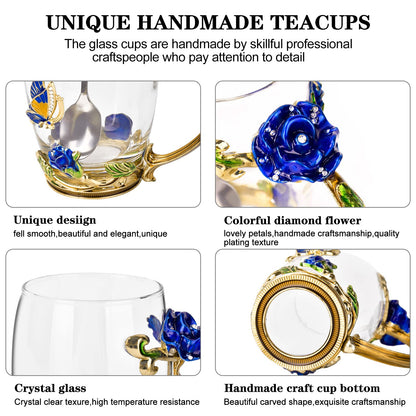 OEAGO Gifts for Mom Women Mothers Day Glass Coffee Enamels Mug Best Birthday Butterfly Rose Gifts for Her from Daughter Son Lead-Free Christmas Blue Tea Cup with Spoon Set