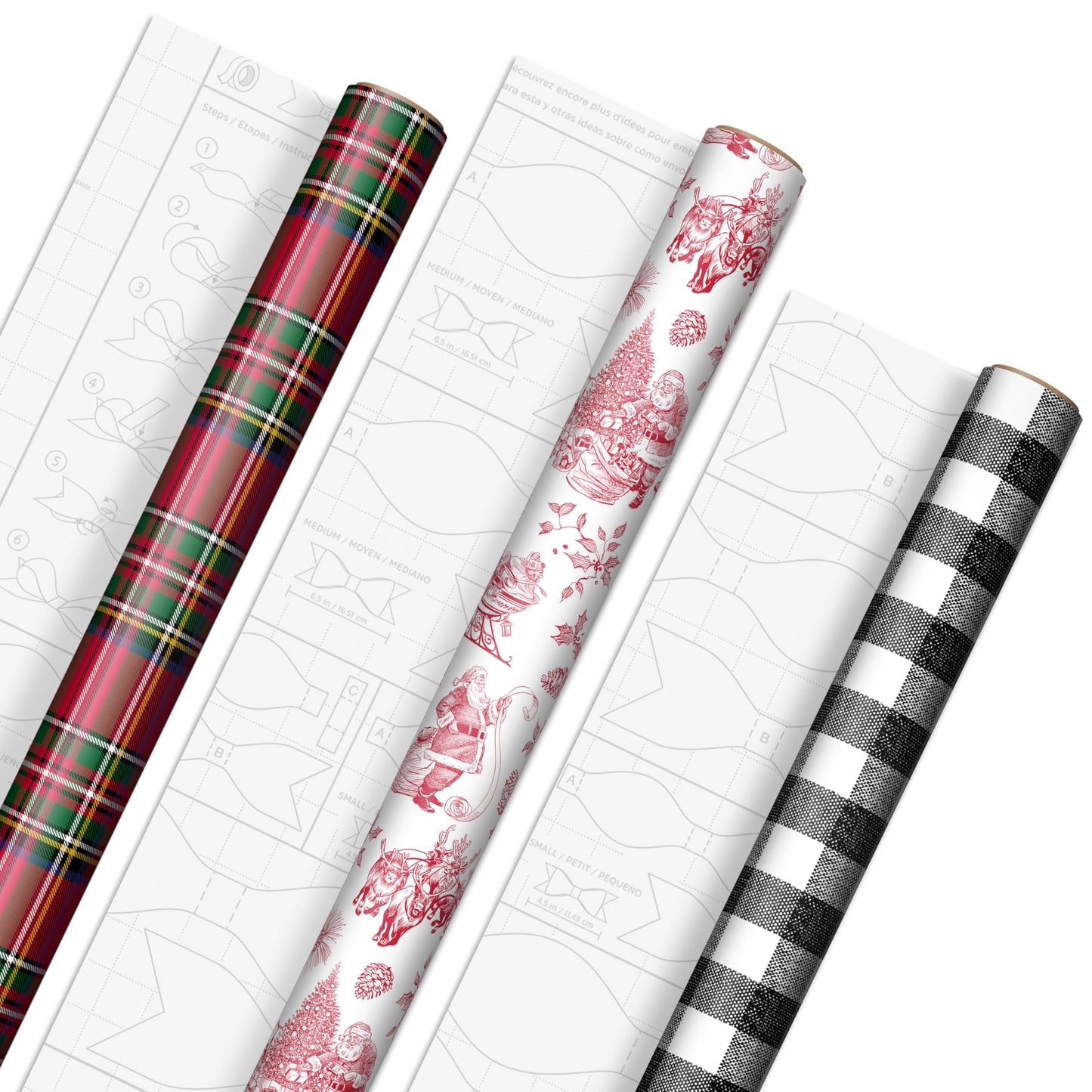 Hallmark Christmas Wrapping Paper Rolls, Holiday Plaid (3-Pack: 120 Sq. Ft. Ttl) Red Toile, Black Buffalo Check, Plaid for Christmas, Birthdays, Weddings, Crafts