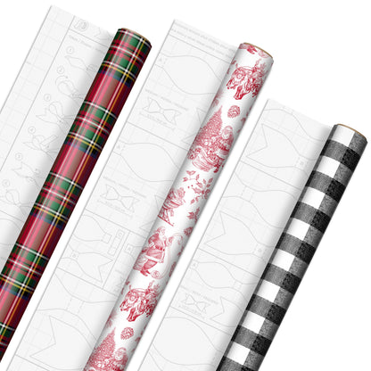 Hallmark Christmas Wrapping Paper Rolls, Holiday Plaid (3-Pack: 120 Sq. Ft. Ttl) Red Toile, Black Buffalo Check, Plaid for Christmas, Birthdays, Weddings, Crafts