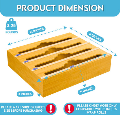 Bamboo Aluminum Foil Organizer & Plastic Wrap Dispenser with Cutter - 4 in 1 Parchment, Wax Paper & Saran Wrap Holder - Tin Foil Food Wrap Organizer for Kitchen Drawer, Countertop & Pantry - 11" Rolls