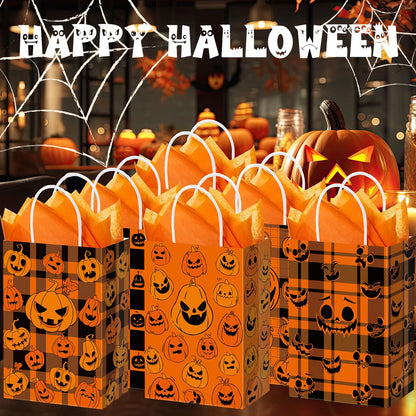 Kolldenn 24 Pcs Halloween Paper Gift Bags with Tissue Paper Pumpkin Goodie Treat Bags with Handles Wrapping Candy Party Favors Bag for Celebration Supplies Decorations