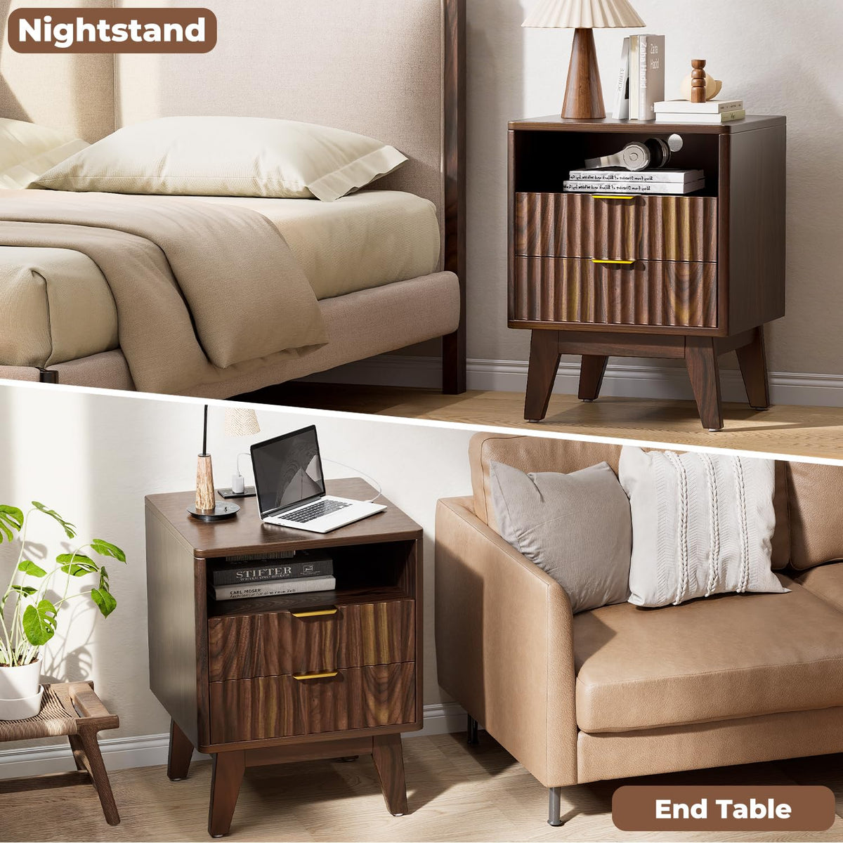 Fluted Nightstand with Charging Station, Modern Bedside Table with 2 Drawers, End Table with Open Storage for Bedroom, Living Room, Walnut