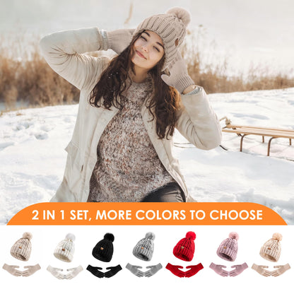 Winter Beanie Hat Gloves Set for Women, Pom Pom Fleece Lined Hat Knit Touchscreen Gloves