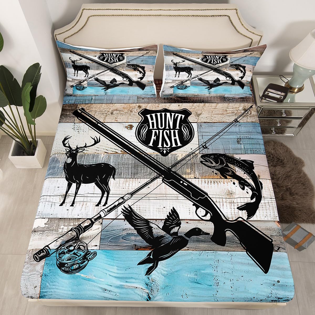 Castle Fairy Kids Hunt Fish Bed Sheets King Size,Deer Bird Fish Animal Hunting,Quality Brushed Microfiber Luxury Bedding SetRustic Retro Wooden Board with 1 Flat,1 Fitted Sheet,2 Pillowcases