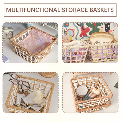 Woven Storage Basket, Rustic Farmhouse Decor, Multi-Purpose Organizer Bin, Countertop & Toilet Tank Basket for Home, Bedroom, Living Room, Entryway (Purple and Beige)
