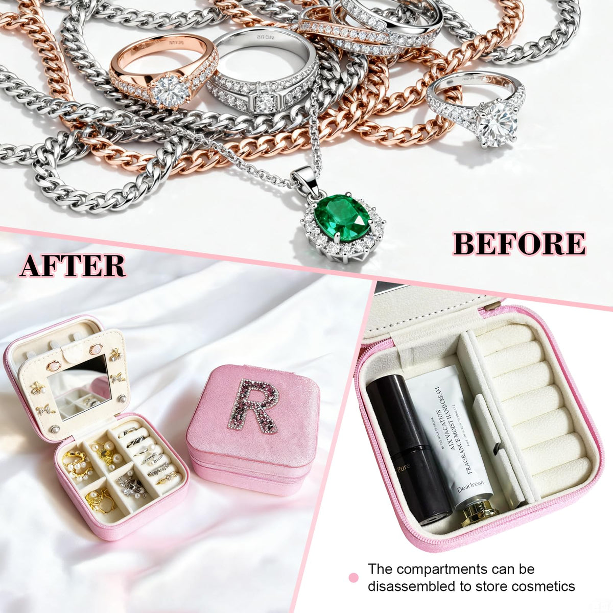 Zyvora Travel jewelry case Travel jewelry box Travel Jewelry Organizer Small box Gift for Girls Women with Mirror (Pink + R)