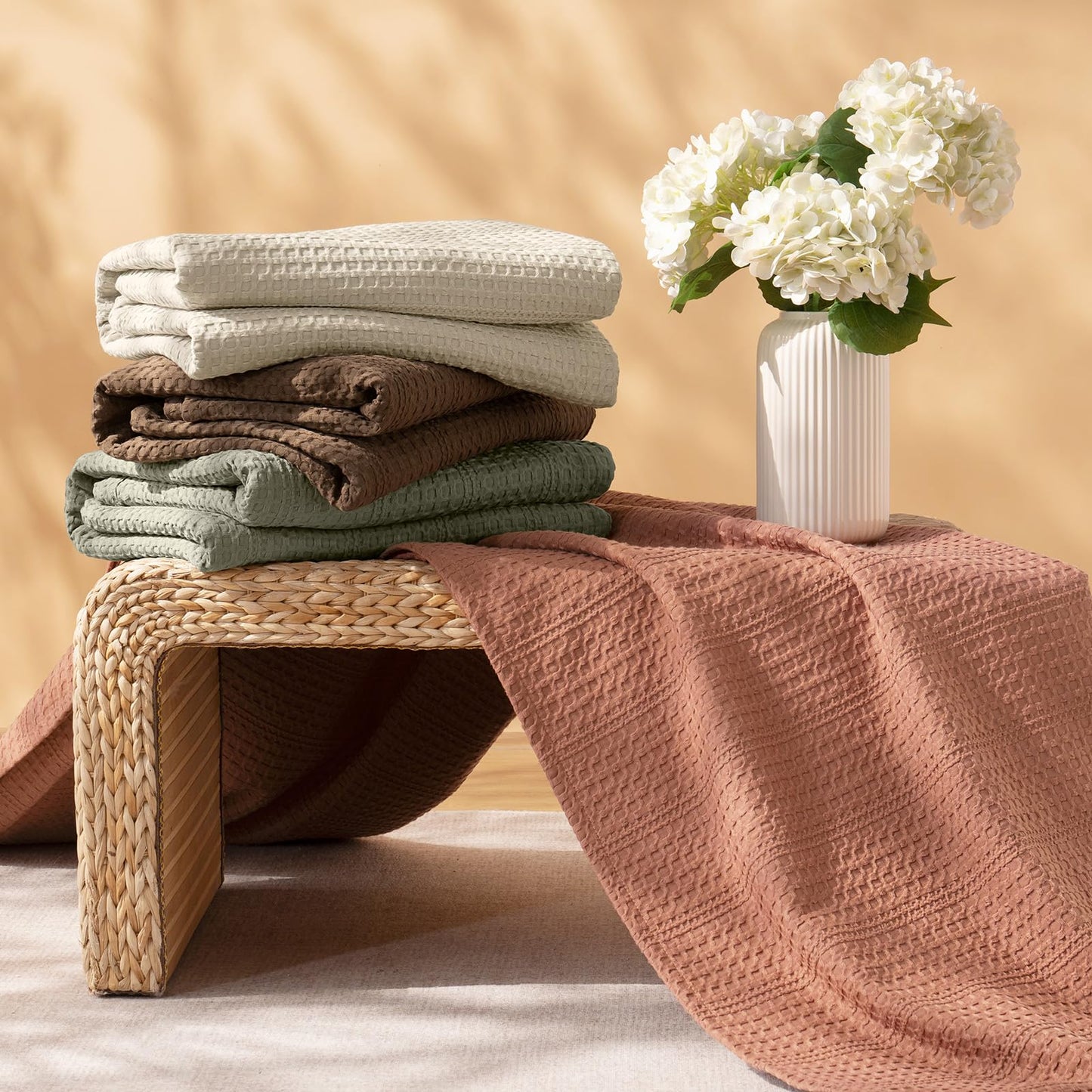 PHF Lightweight Waffle Weave Blanket Queen Size 90"x 90", Soft Woven Summer Blanket for Hot Sleepers - Aesthetic Home Decor for Couch Bed Sofa, Pet Friendly, Natural/Linen