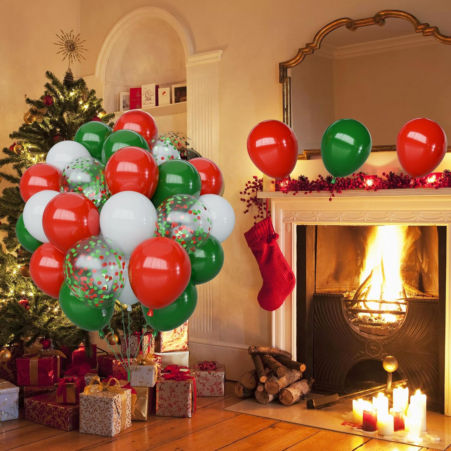 Christmas Balloons Set, 65pcs 12 Inch Red Green White Confetti Balloons, Red and Green Latex Balloons for Christmas Party Decorations