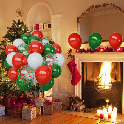 Christmas Balloons Set, 65pcs 12 Inch Red Green White Confetti Balloons, Red and Green Latex Balloons for Christmas Party Decorations