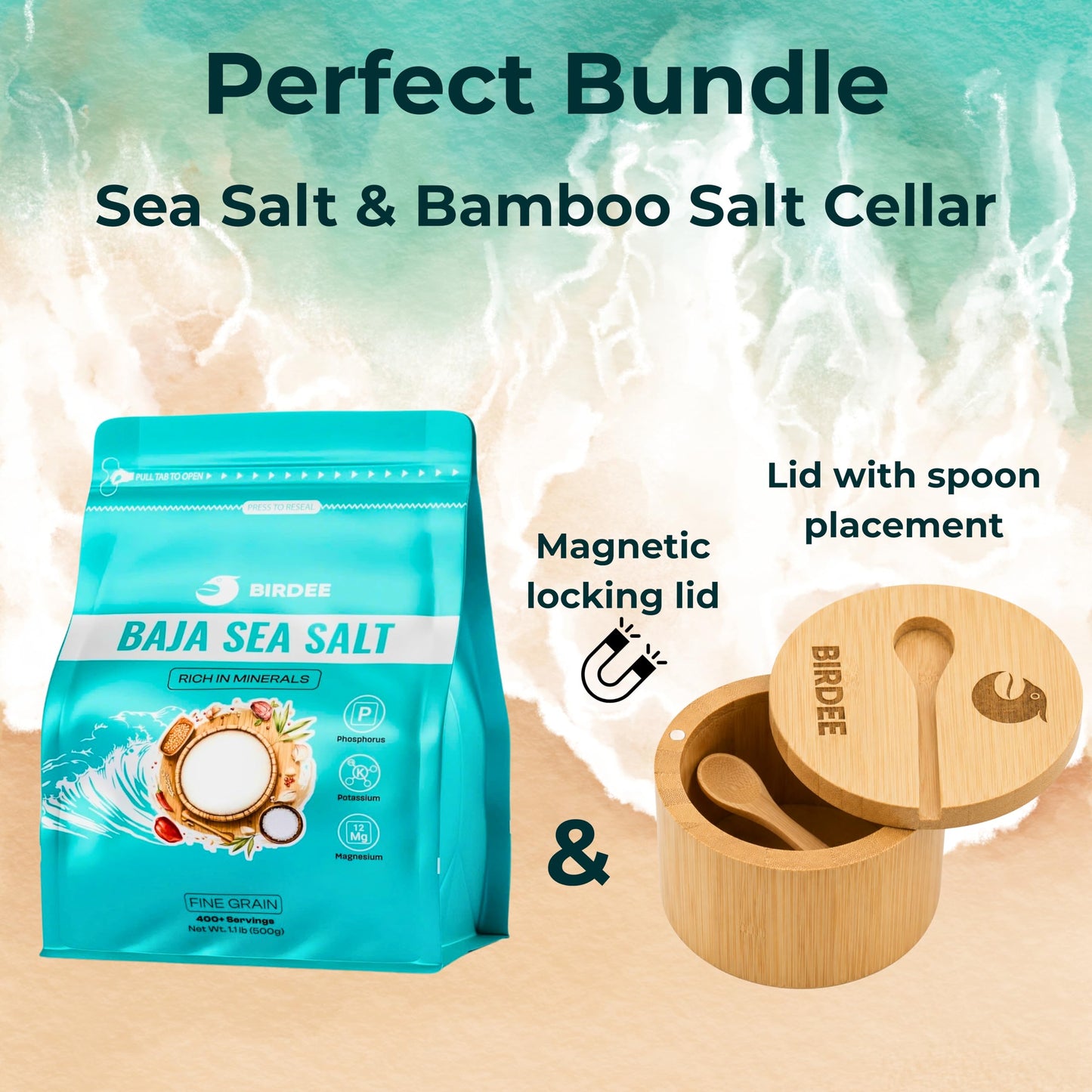 Birdee Premium Culinary Bundle – 17.6 oz Baja Sea Salt & Bamboo Salt Cellar: Fine Grain, Solar Dried, Hand-Harvested, Unrefined, with Durable 100% Bamboo Storage