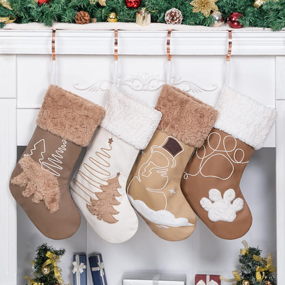 GEX Christmas Stockings 4 Pack for Family Soft Pleather with Rope Stitch Embroidery Large 20" Faux Fur Boho Rustic Farmhouse Country Stockings for Xmas Fireplace Decoration (Set of 4)