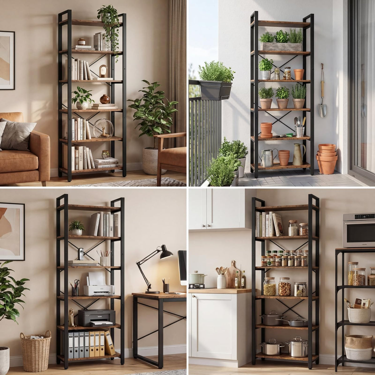 IRONCK Bookshelf 6-Tier Ladder Shelf 110lbs Display Shelf Vintage Industrial Style Bookcase for Home Office, Living Room