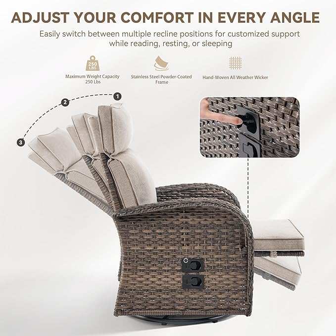 3 Pieces Zero Gravity Patio Swivel Rocking Recliner Chairs Set of 2 - Wicker Outdoor Lounge Chair with Side Table, Adjustable Backrest & Footrest, High Back Outdoor Recliner Chair for Pool Deck Beige