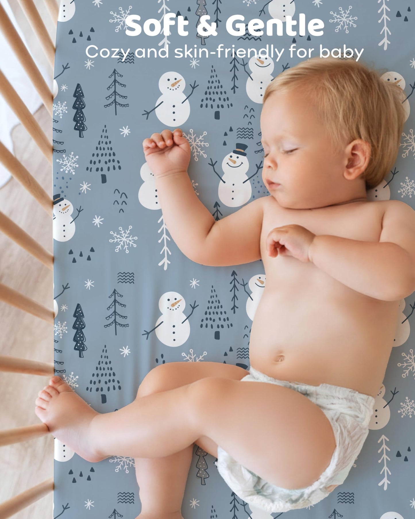 FIEMOL Baby Crib Sheets for Boys and Girls, Toddler Bed Sheets Fitted for 52”x28”Standard Crib and Toddler Mattresses, 4 Pack Soft Stretchy Microfiber Blue Snowman